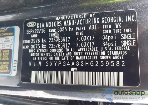 2017 Kia Sorento 2.4L Lx z USA, uszkodzony, nr VIN 5XYPG4A33HG259582